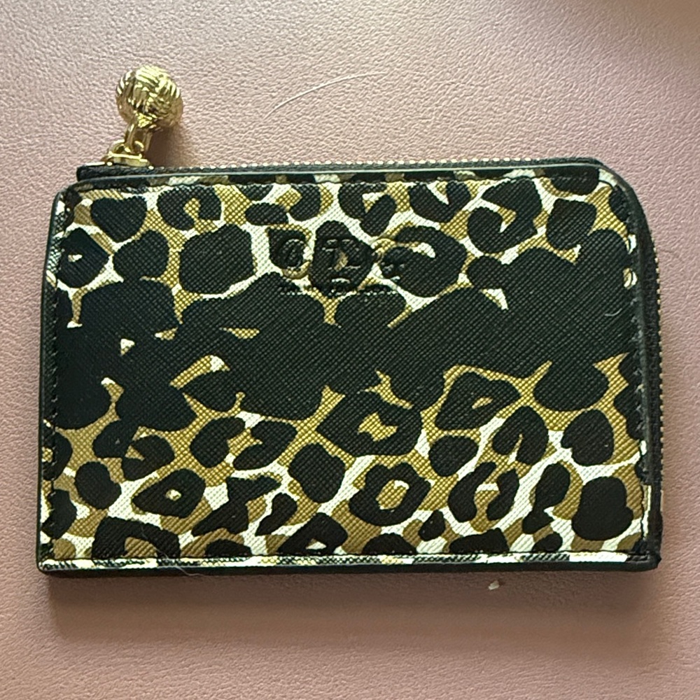 Leopard Print Zip Card Wallet - Black & Tan